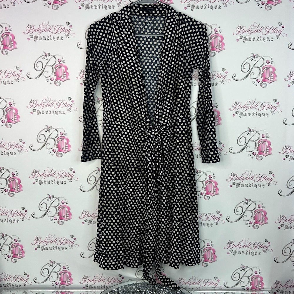 Banana Republic Black and White Polka Dot Long Sleeve Dress tie up belted